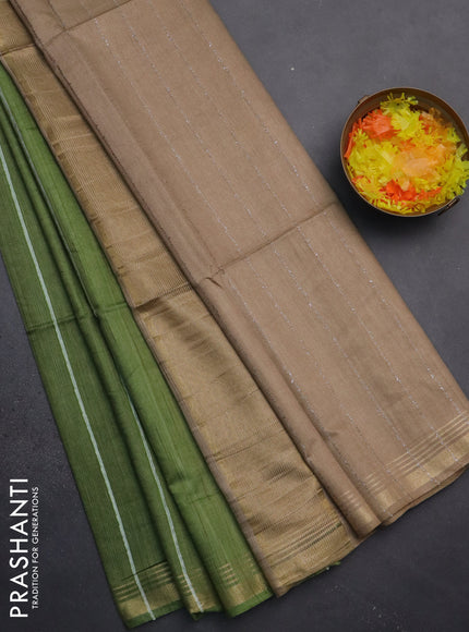 Semi bamboo saree green with stripes pattern and zari woven border