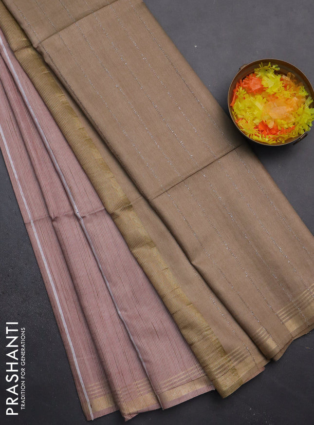Semi bamboo saree pastel pink with stripes pattern and zari woven border