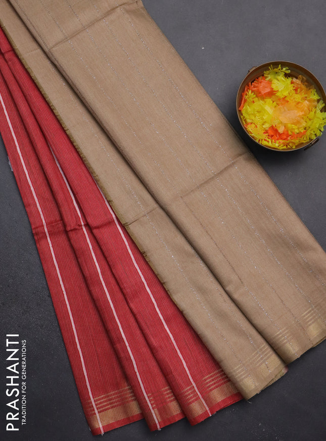 Semi bamboo saree red with stripes pattern and zari woven border