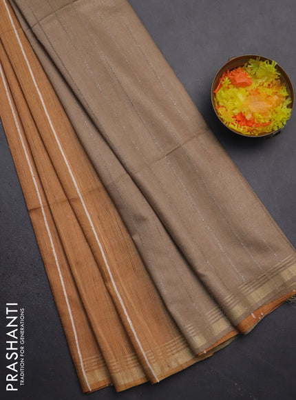 Semi bamboo saree mustard yellow and sandal with stripes pattern and zari woven border