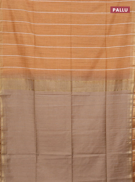 Semi bamboo saree mustard yellow and sandal with stripes pattern and zari woven border