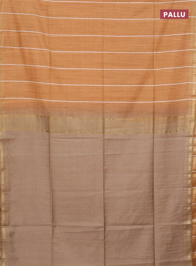Semi bamboo saree mustard yellow and sandal with stripes pattern and zari woven border