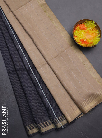 Semi bamboo saree black and sandal with stripes pattern and zari woven border