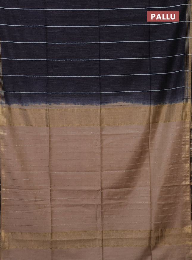 Semi bamboo saree black and sandal with stripes pattern and zari woven border