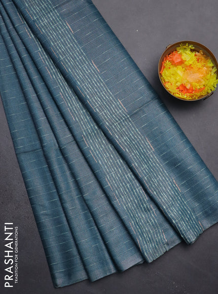 Semi bamboo tissue saree peacock blue with allover thread weaves in borderless style
