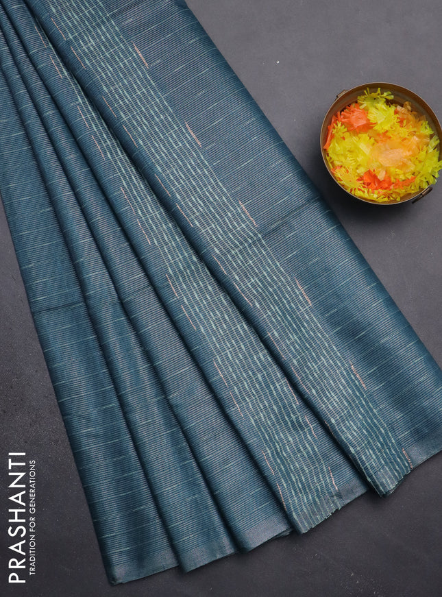 Semi bamboo tissue saree peacock blue with allover thread weaves in borderless style