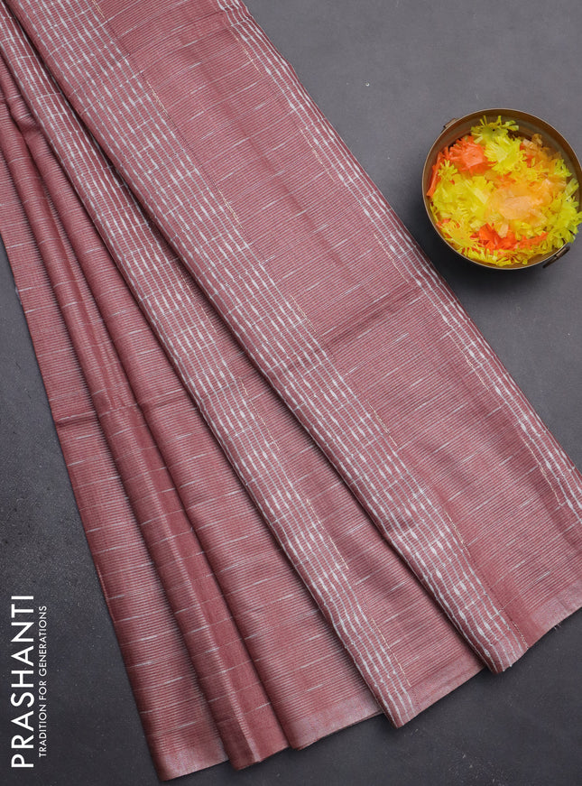 Semi bamboo tissue saree peach shade with allover thread weaves in borderless style