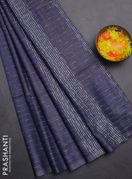 Semi bamboo tissue saree navy blue with allover thread weaves in borderless style