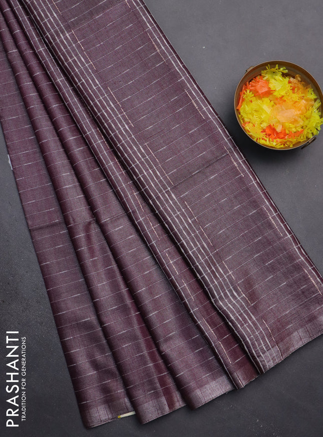 Semi bamboo tissue saree wine shade with allover thread weaves in borderless style