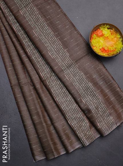 Semi bamboo tissue saree brown with allover thread weaves in borderless style