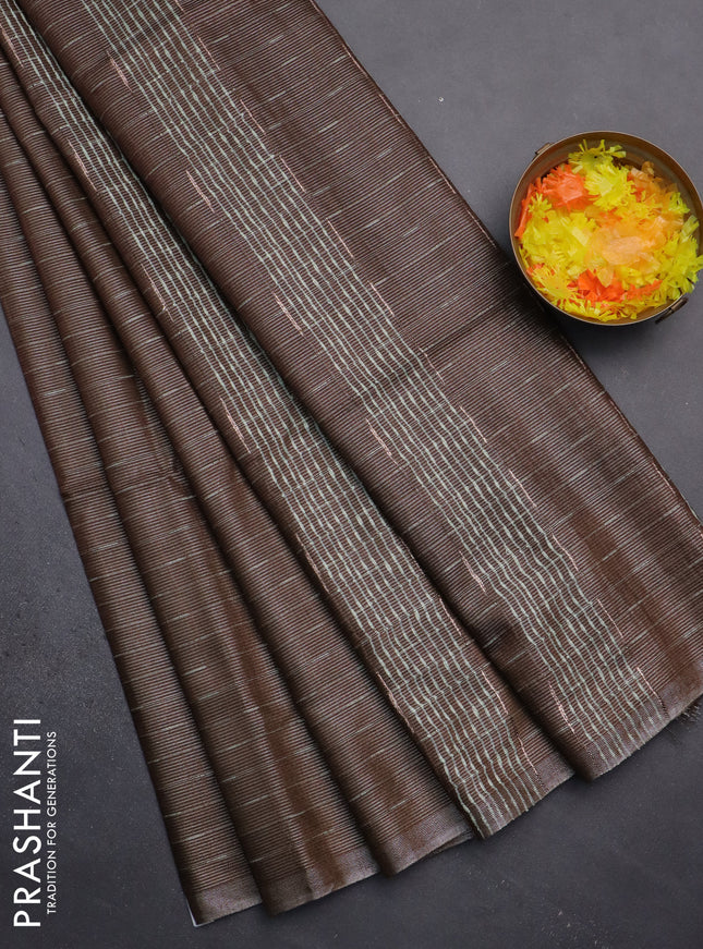 Semi bamboo tissue saree brown with allover thread weaves in borderless style