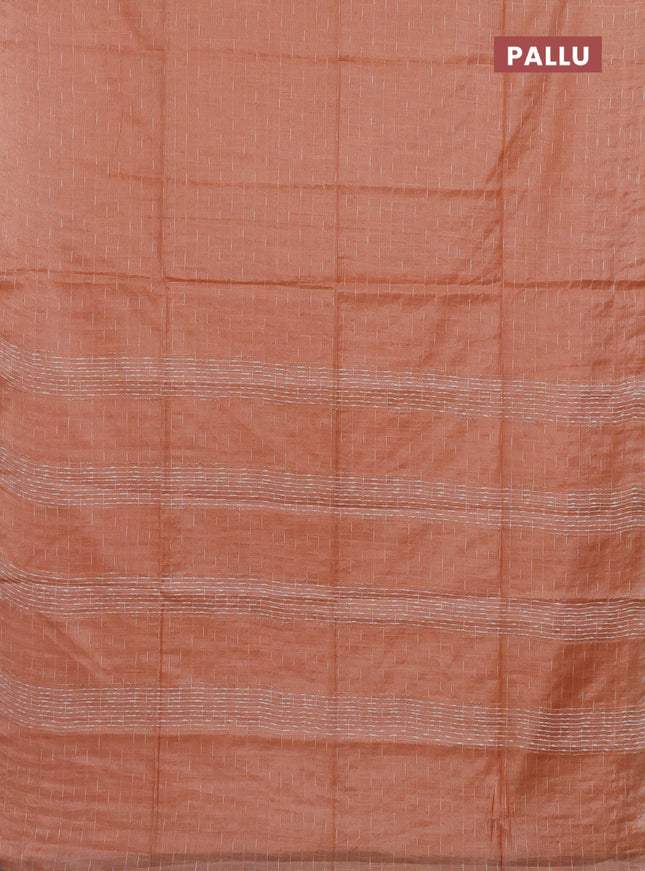Semi bamboo tissue saree peach orange with allover thread weaves in borderless style