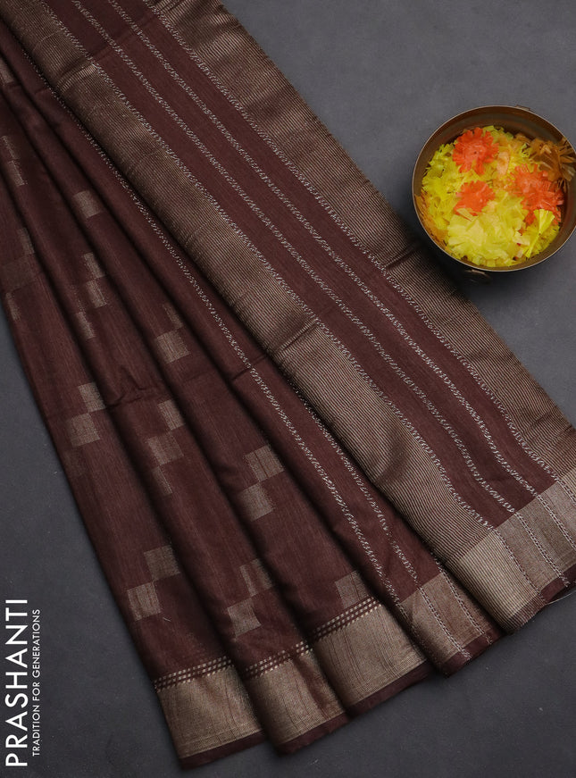 Semi bamboo saree brown with zari weaves and zari woven border