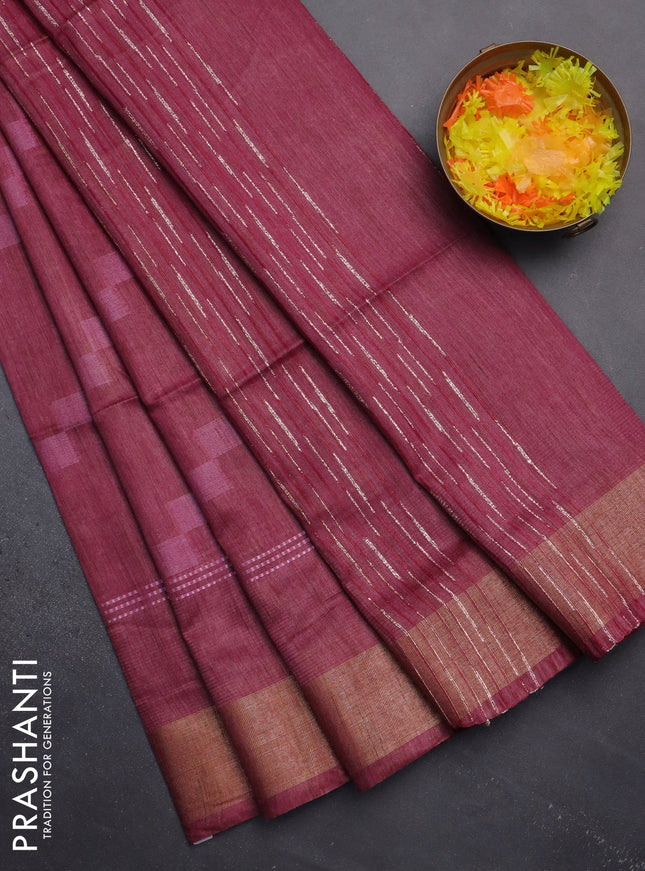 Semi bamboo saree maroon with thread weaves and zari woven border