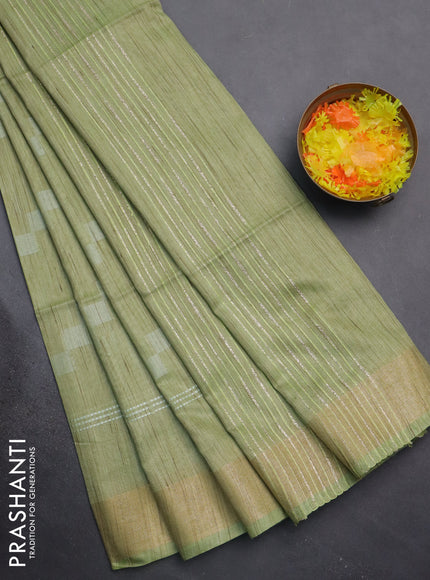 Semi bamboo saree pista green with thread weaves and zari woven border