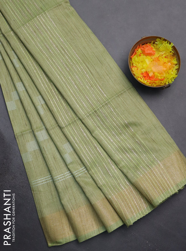 Semi bamboo saree pista green with thread weaves and zari woven border