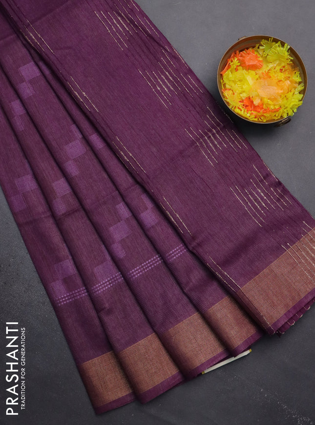 Semi bamboo saree deep purple with thread weaves and zari woven border