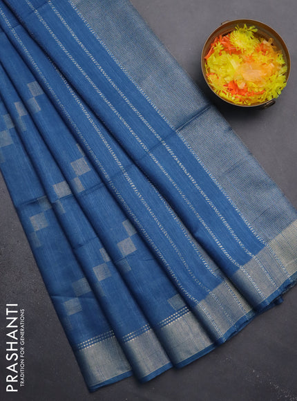 Semi bamboo saree cs blue with zari weaves and zari woven border