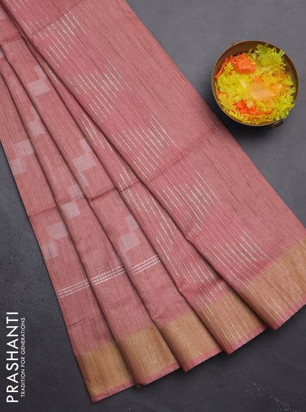 Semi bamboo saree peach shade with thread weaves and zari woven border
