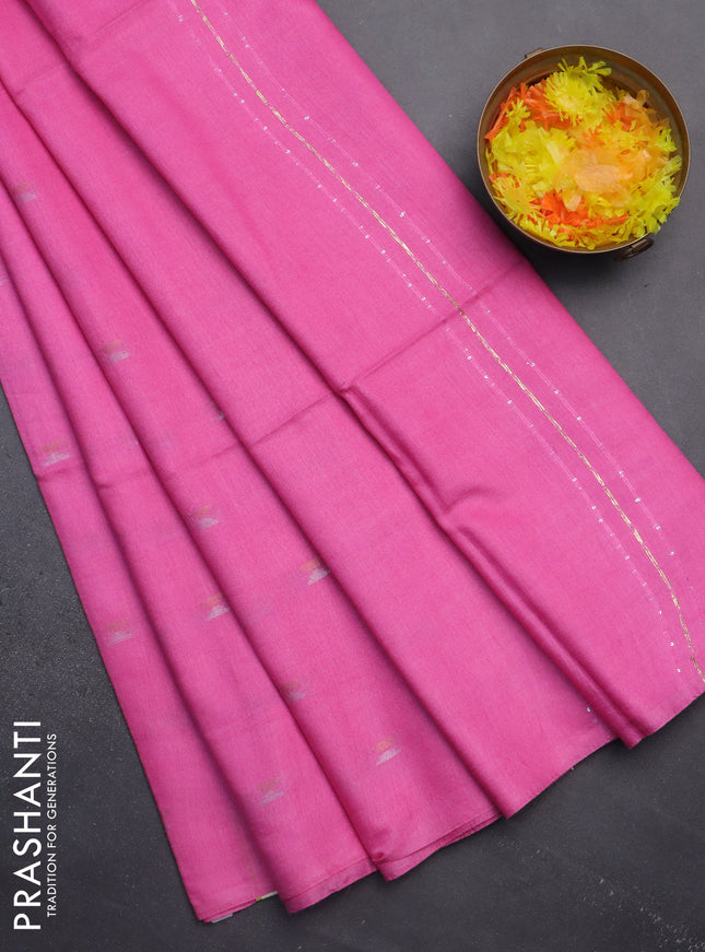 Semi bamboo saree candy pink with silver & copper zari buttas in borderless style