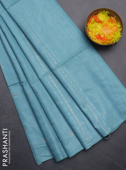 Semi bamboo saree pastel blue with silver & copper zari buttas in borderless style