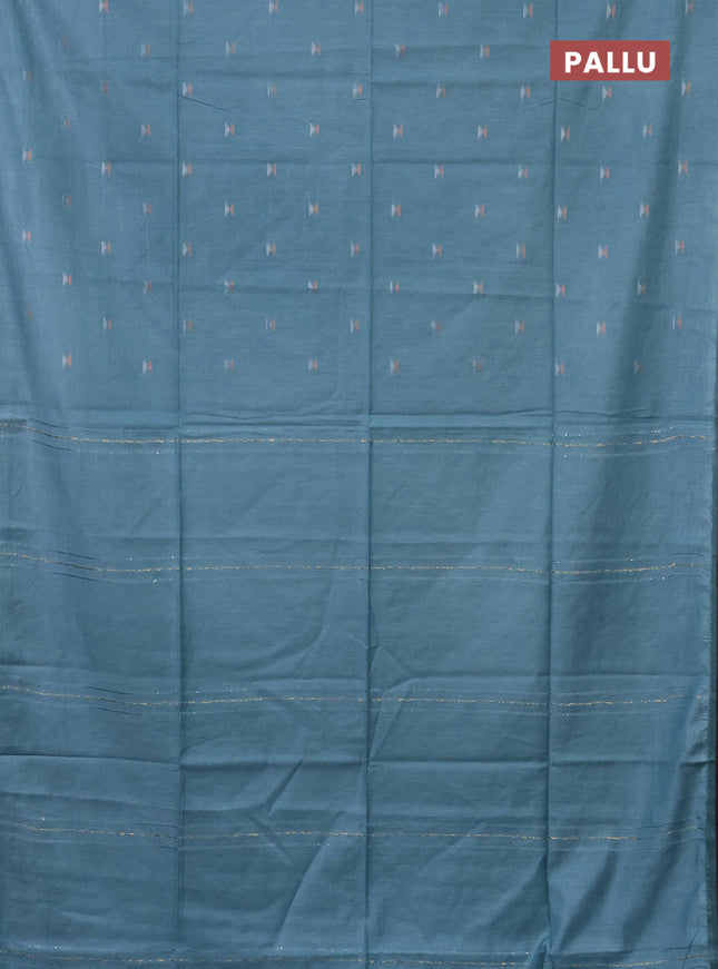 Semi bamboo saree pastel blue with silver & copper zari buttas in borderless style