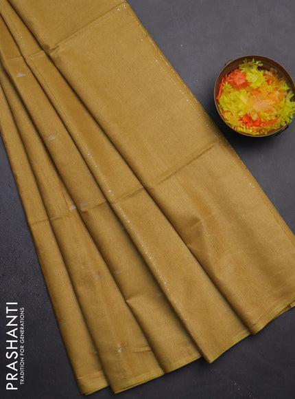 Semi bamboo saree mustard shade with silver & copper zari buttas in borderless style