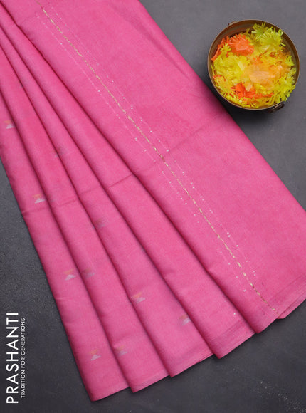 Semi bamboo saree light pink with silver & copper zari buttas in borderless style