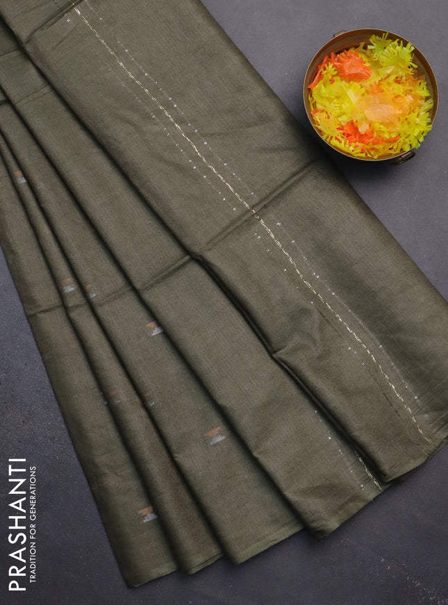 Semi bamboo saree military green with silver & copper zari buttas in borderless style