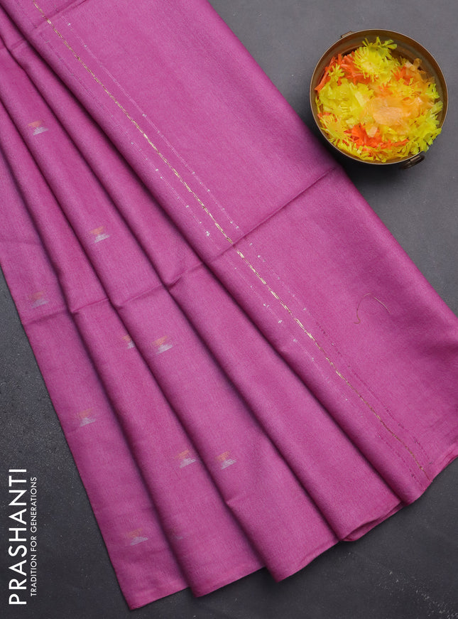 Semi bamboo saree light pink with silver & copper zari buttas in borderless style
