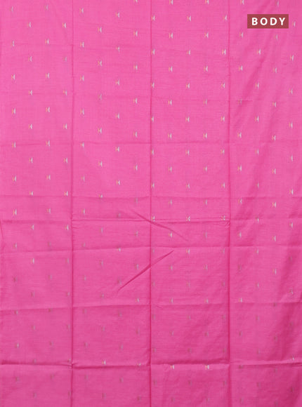 Semi bamboo saree candy pink with silver & copper zari buttas in borderless style