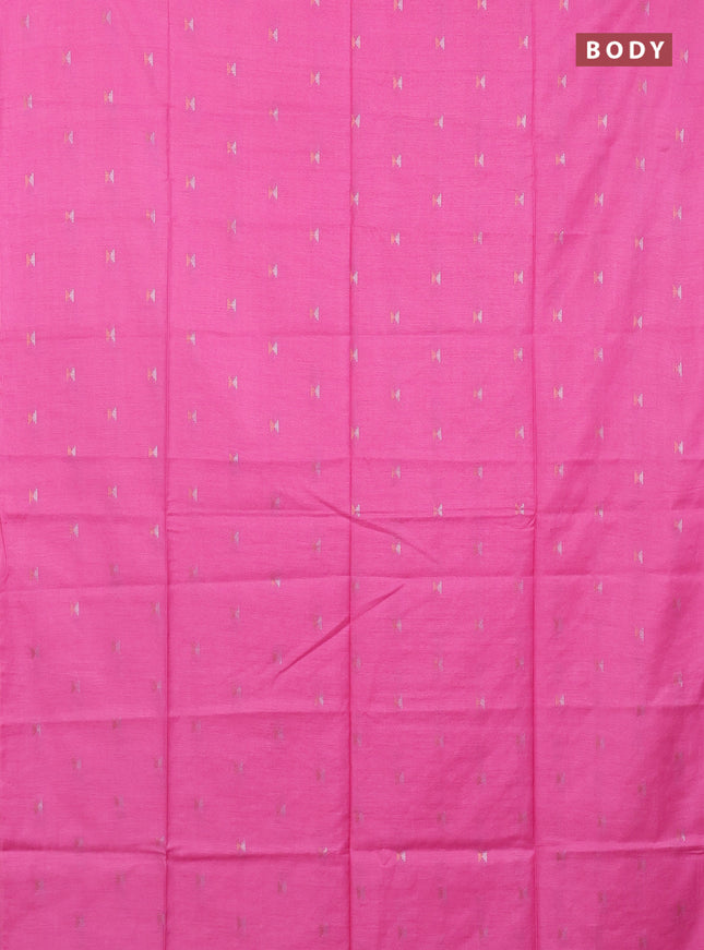 Semi bamboo saree candy pink with silver & copper zari buttas in borderless style