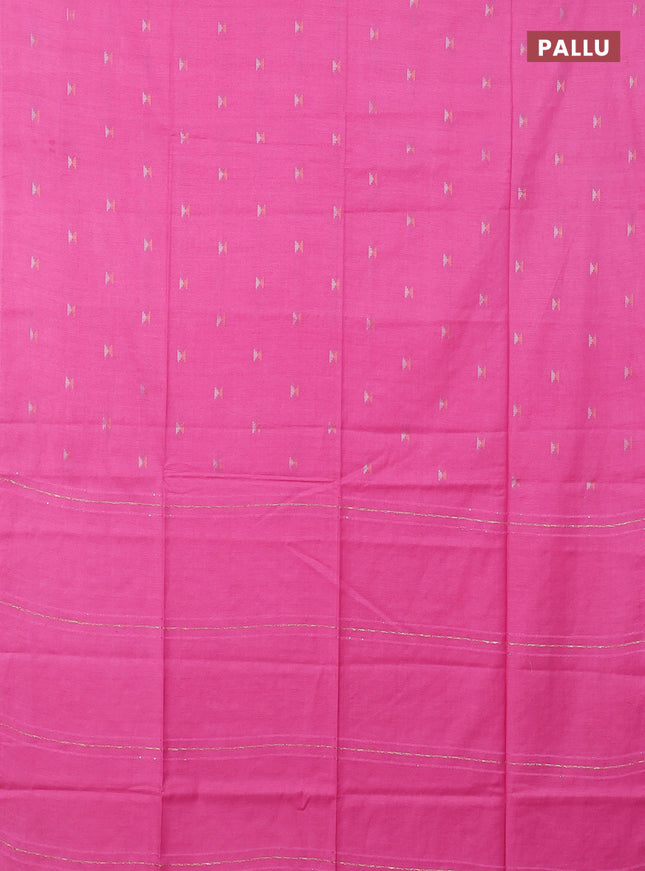 Semi bamboo saree candy pink with silver & copper zari buttas in borderless style