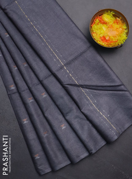 Semi bamboo saree grey with silver & copper zari buttas in borderless style