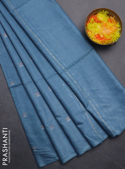 Semi bamboo saree pastel blue with silver & copper zari buttas in borderless style
