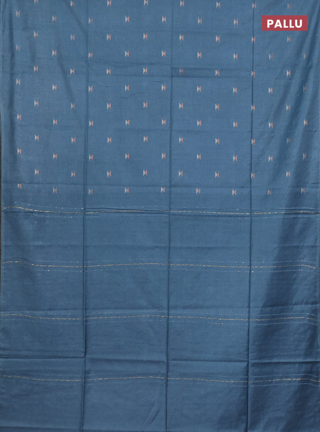 Semi bamboo saree pastel blue with silver & copper zari buttas in borderless style