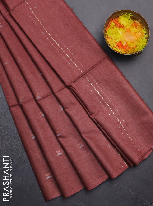 Semi bamboo saree maroon with silver & copper zari buttas in borderless style