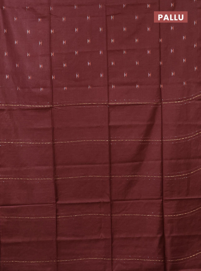 Semi bamboo saree maroon with silver & copper zari buttas in borderless style