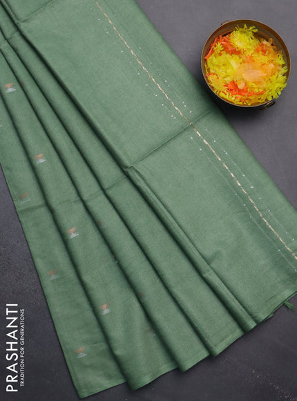 Semi bamboo saree pastel green with silver & copper zari buttas in borderless style