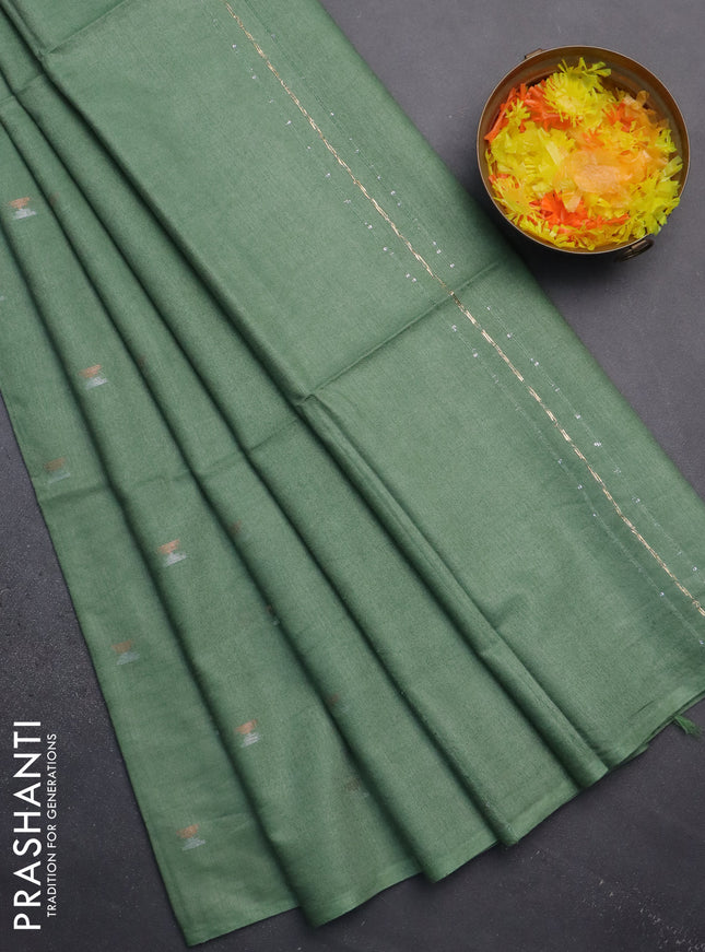 Semi bamboo saree pastel green with silver & copper zari buttas in borderless style