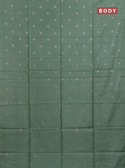 Semi bamboo saree pastel green with silver & copper zari buttas in borderless style