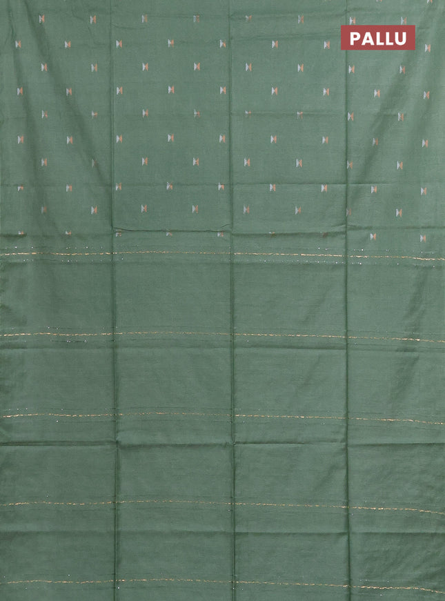 Semi bamboo saree pastel green with silver & copper zari buttas in borderless style