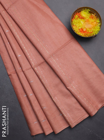 Semi bamboo saree peach orange with silver & copper zari buttas in borderless style