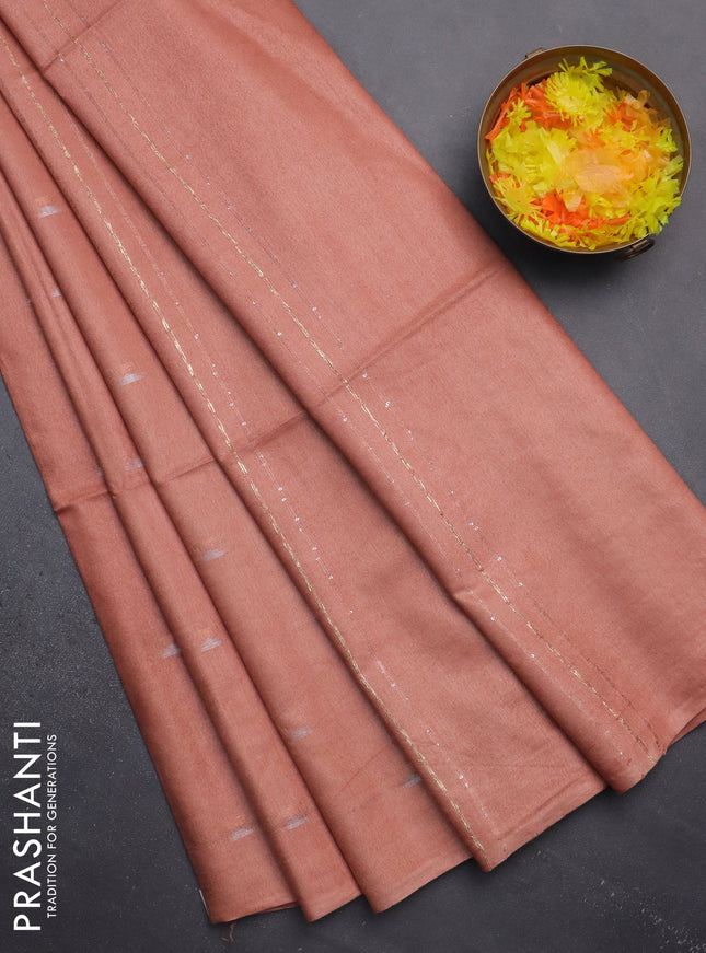 Semi bamboo saree peach orange with silver & copper zari buttas in borderless style