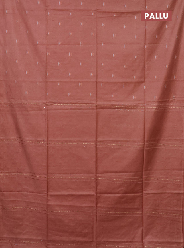 Semi bamboo saree peach orange with silver & copper zari buttas in borderless style