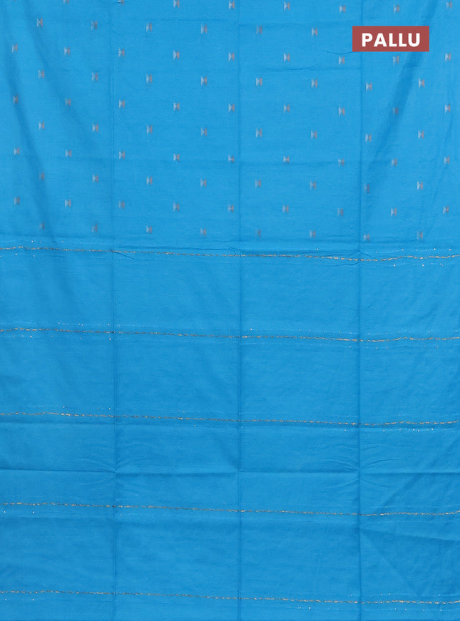 Semi bamboo saree light blue with silver & copper zari buttas in borderless style