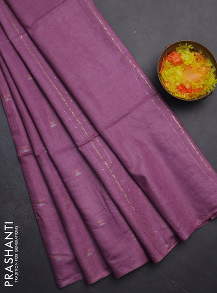 Semi bamboo saree mauve pink with silver & copper zari buttas in borderless style