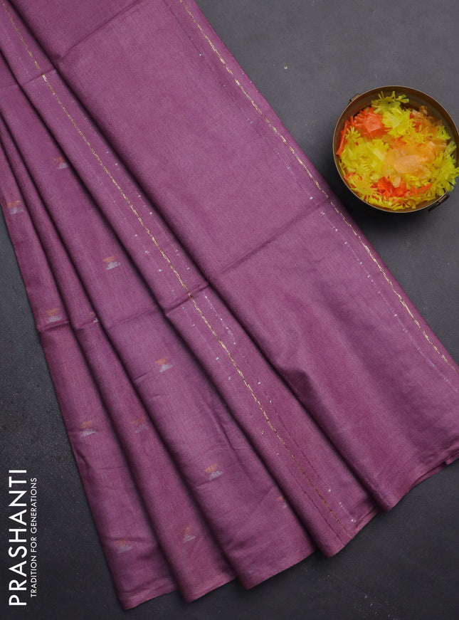 Semi bamboo saree mauve pink with silver & copper zari buttas in borderless style
