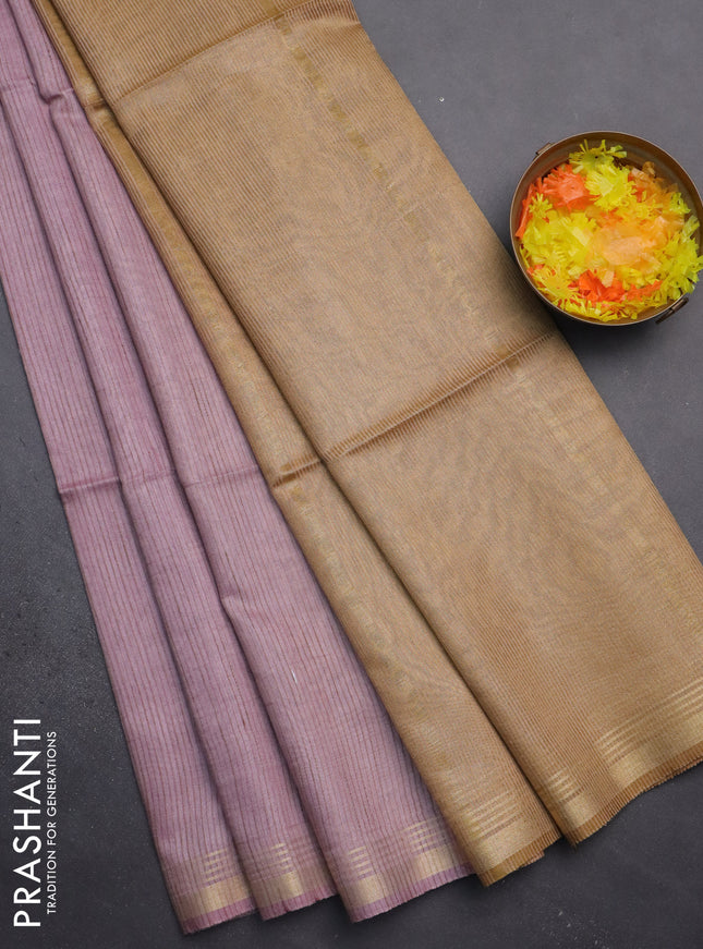 Semi bamboo saree pastel pink and and stripes pattern and zari woven border