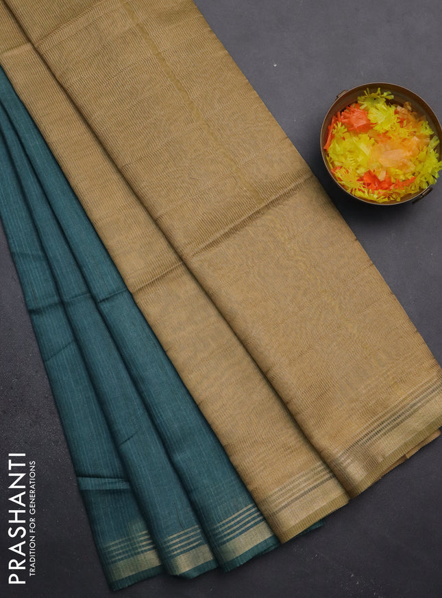 Semi bamboo saree peacock green and sandal and stripes pattern and zari woven border
